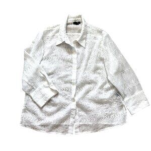 Milano Women's Blouse Sz XL White Sheer Embroidered Button Down Formal Career